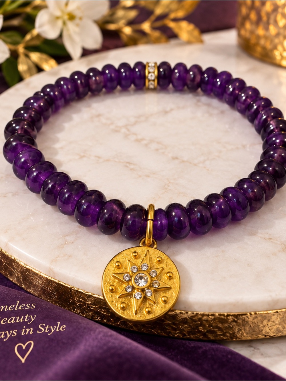 Purple Beaded Charm Bracelet with Gold Star Medallion